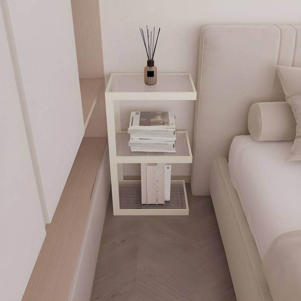 Minimalist Glass Nightstand with Steel Frame - Sleek Open Storage for Bedroom Essentials