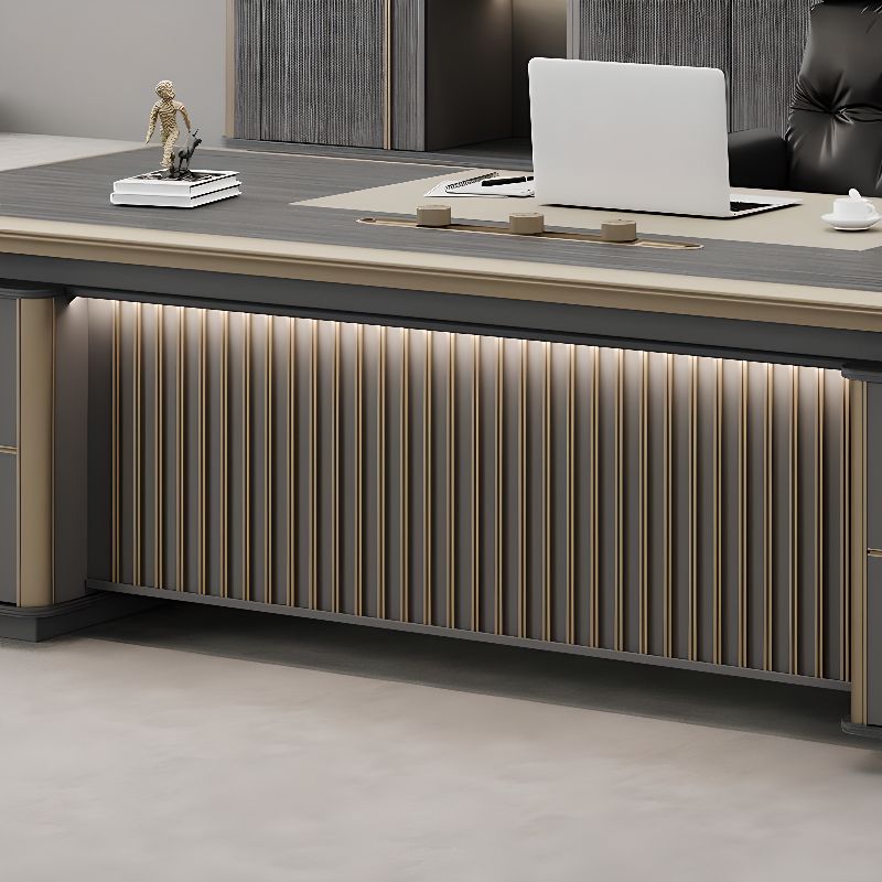 Office Desk with Cable Management, 2 Drawers, Cabinet, Dual-base, Exterior Shelf, CPU Storage, in Dark Gray