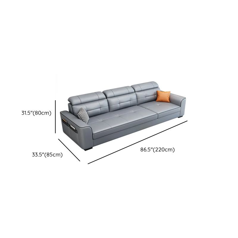 Modish Solid Color Stain Resistant Standard Sofa in Light Gray, Seats 5/4/3 with Receptacle and 2 Pillows
