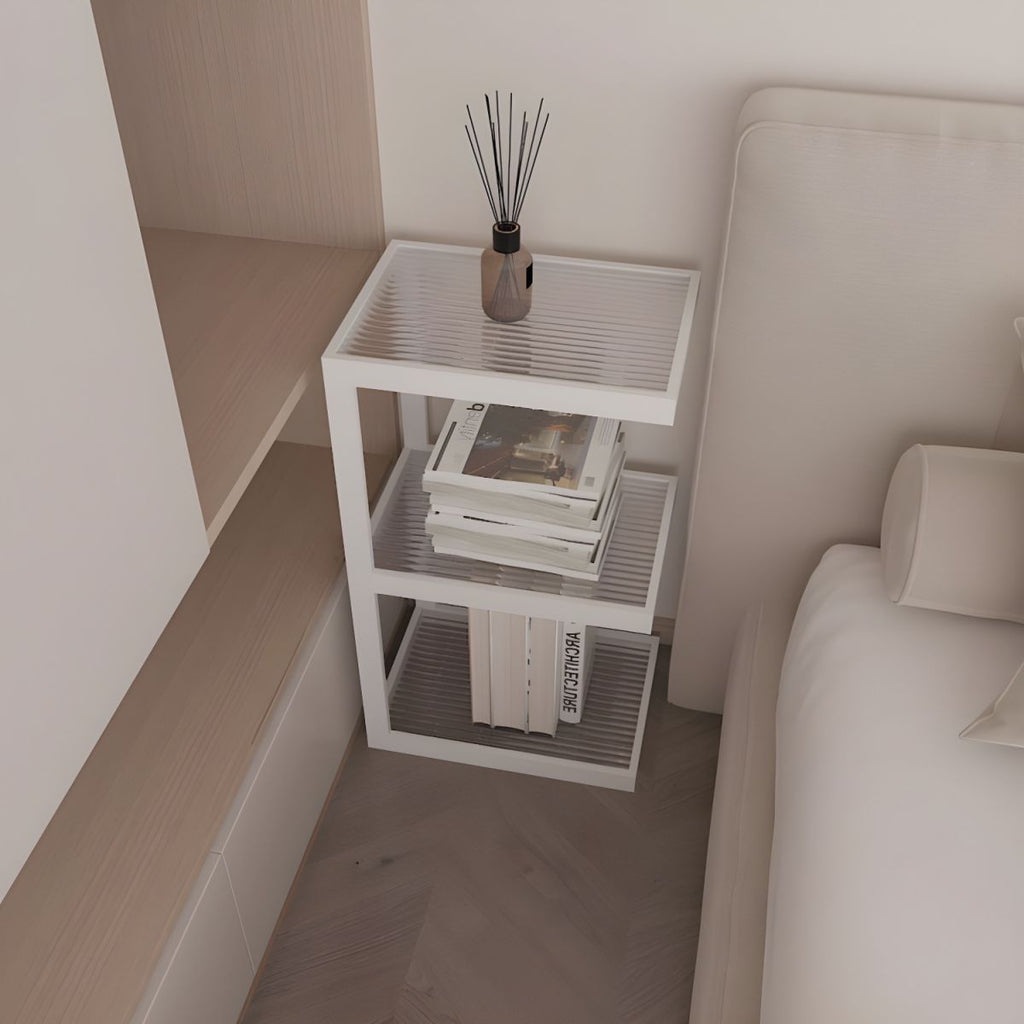 Minimalist Glass Nightstand with Steel Frame - Sleek Open Storage for Bedroom Essentials