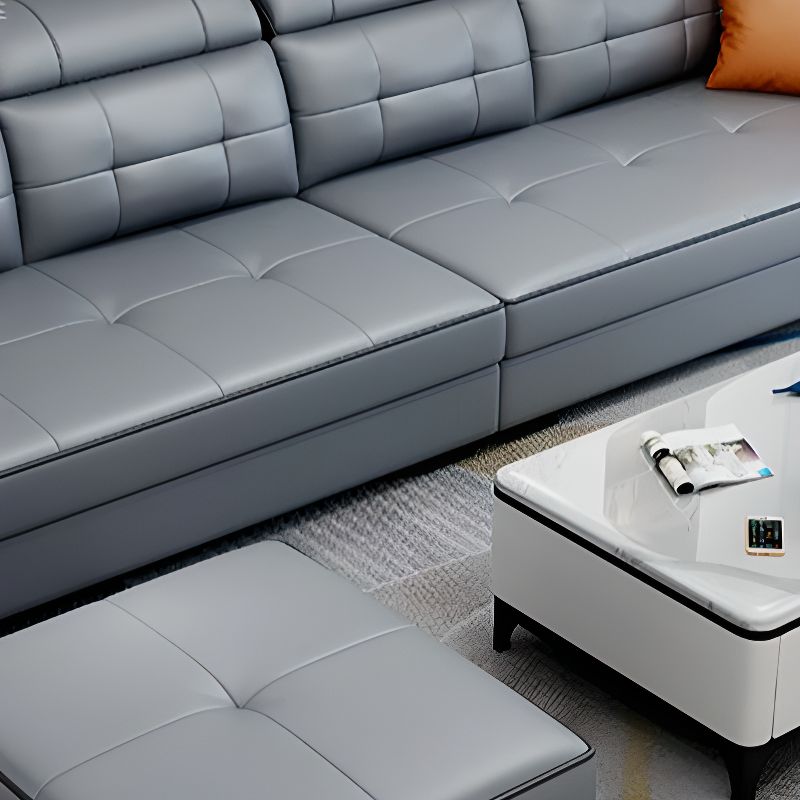 Modish Solid Color Stain Resistant Standard Sofa in Light Gray, Seats 5/4/3 with Receptacle and 2 Pillows