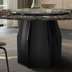 Circular Marble Top Dining Table with Genuine Wood Single Pedestal and Lazy Susan in Ink, Scratch-immune, 4-person Seating/Seating for 6/8 People