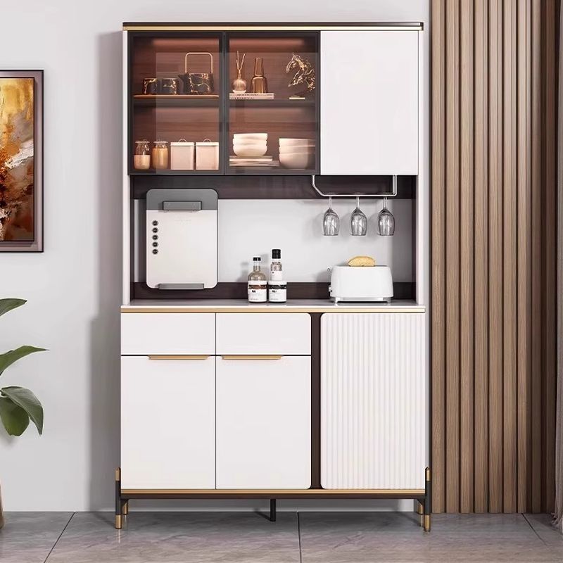 Chalk Sideboard with 2 Drawers/1 Drawer, Standard/Narrow Size, Six Internal Shelves, Sintered Stone Countertop, Glazed Door, and Stemware Shelf