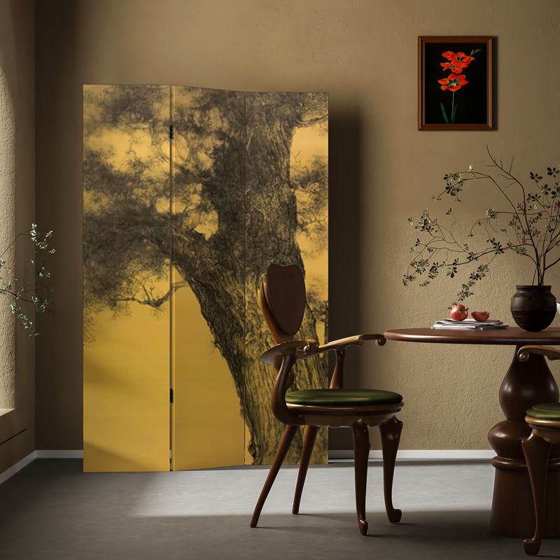 Butter Color Opaque Foldable Temporary Wall Divider with Natural Wood Frame, 3 Panels/4 Panels, Double Sided Print, Standalone