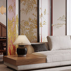 Tan Opaque Fold-up Screen Divider with 4 Panels, Double Sided Print, and Independent Design