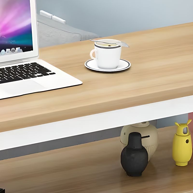 Modern Pub Table with Laminate Top and Four Legs in Wood Grain, Featuring Container Storage and Irregular Shape
