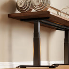 Brown Minimalist T-Shape Table with Built-in Outlets, Rust Resistant Natural Wood Top, Plug-In Feature