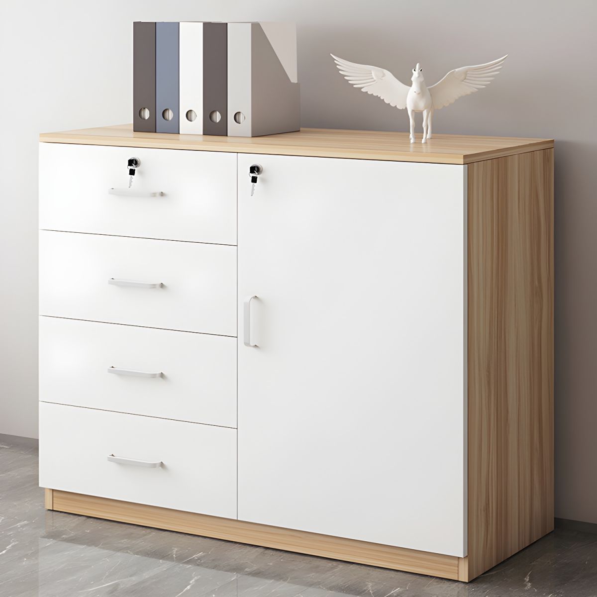 Modern Cabinet Wood Lateral Adjustable Storage Shelves and Locking Drawers File Cabinet