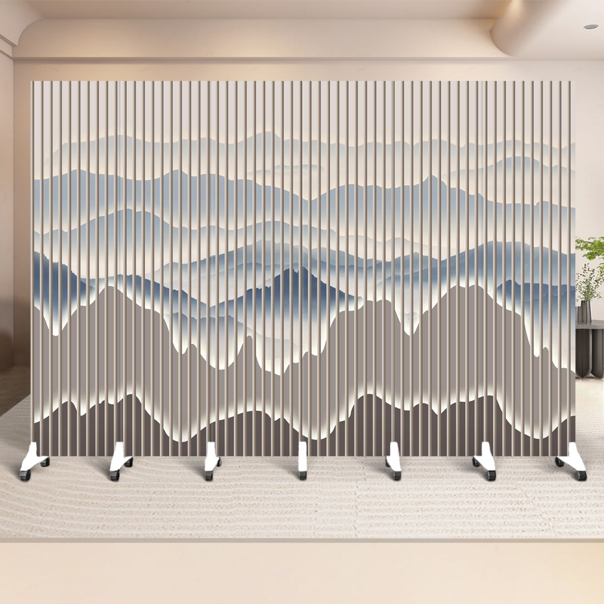 Indoor Opaque Collapsible Temporary Wall with Wheels, Natural Wood Frame, 6 Panels, and Double Sided Print