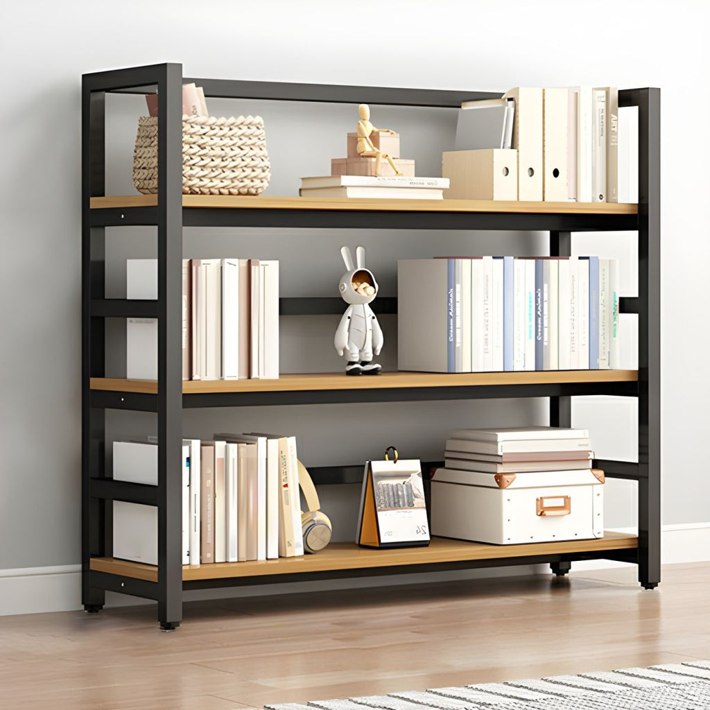 Contemporary Metal Display Stand with Wooden Shelves and Open Storage