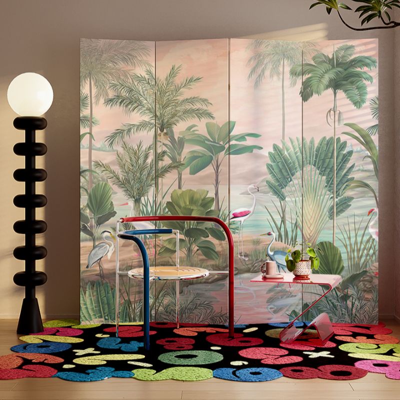Green Opaque Fold-up Screen Divider with Natural Wood Frame, Double Sided Print, Independent
