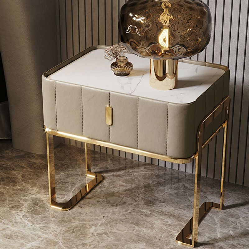 Modern Style Faux Leather Nightstand with Drawer Storage and Metal Base