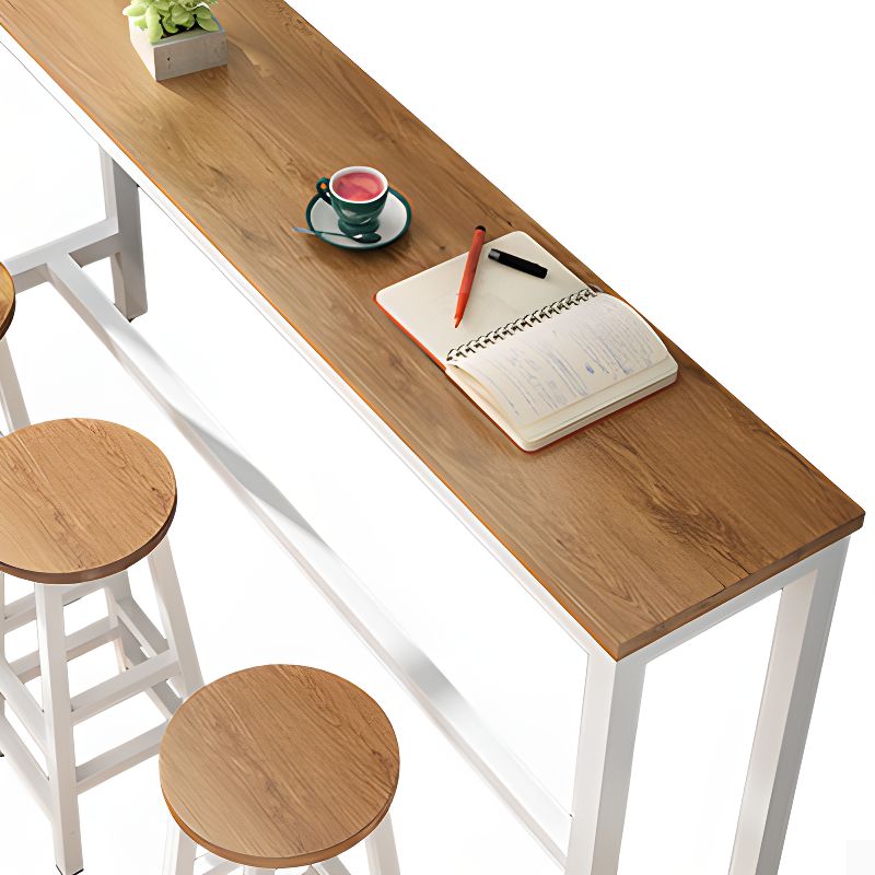 Simplistic Pub Table with Lumber Top and Trestle Base in Natural Finish, Rectangle Shape with Foot Pedestal