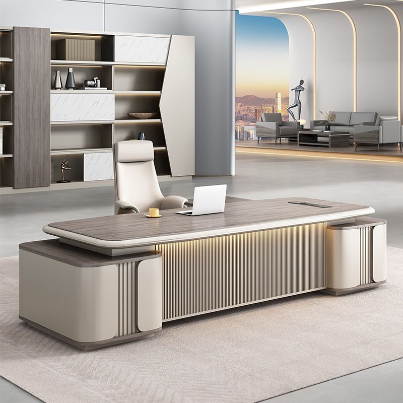 Moisture Resistant Desk with 4 Drawers and Cabinet, Featuring Dual Footing, 1 Exterior Shelf, Cable Management, Front Splash, and Cooling Hole