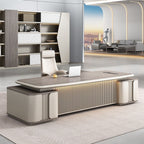Moisture Resistant Desk with 4 Drawers and Cabinet, Featuring Dual Footing, 1 Exterior Shelf, Cable Management, Front Splash, and Cooling Hole