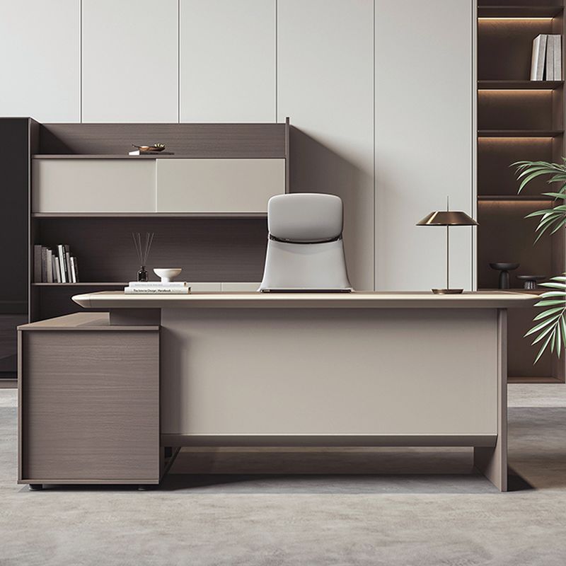 Cocoa L-Shape Timber Base Stain Resistant Desk with 1 Drawer, Cabinet, Stump Base, and Front Splash