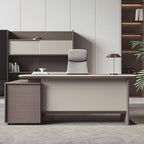 Cocoa L-Shape Timber Base Stain Resistant Desk with 1 Drawer, Cabinet, Stump Base, and Front Splash