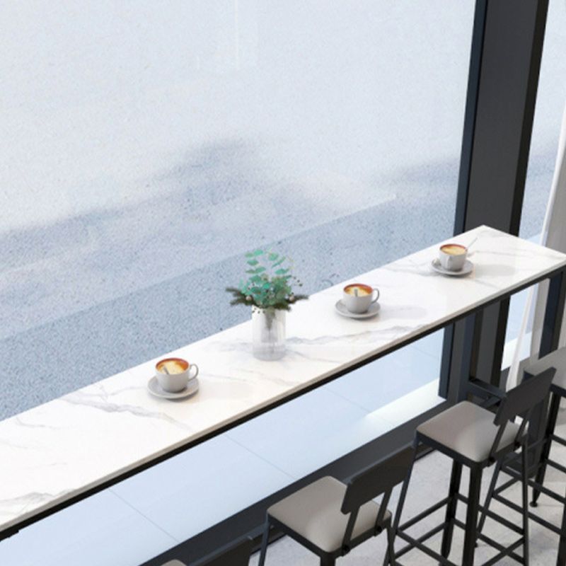 Rectangular Modern Stone Top Bar Table Set with Trestle Base and Backrest Barstools