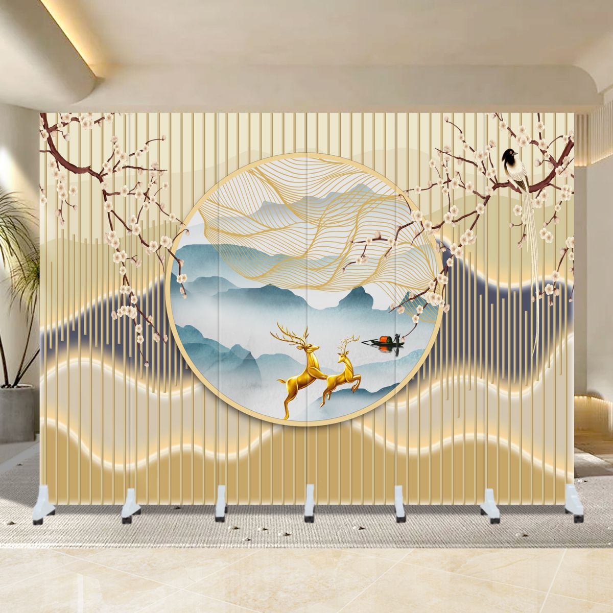 Indoor Opaque Folding Natural Wood Temporary Wall Panels with 6 Panels, Double Sided Print, and Self-supporting Design