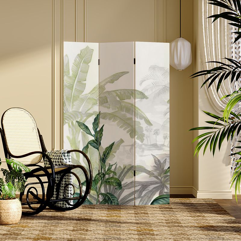 Beige Opaque Fold-up Screen Divider with Natural Wood Frame, 3/4 Panels, Double Sided Print, and Independent Design