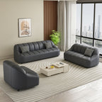 Loveseat/Single Sofa in Midnight Black/Amber Color/Off-White Pu Leather with 1 Pillow