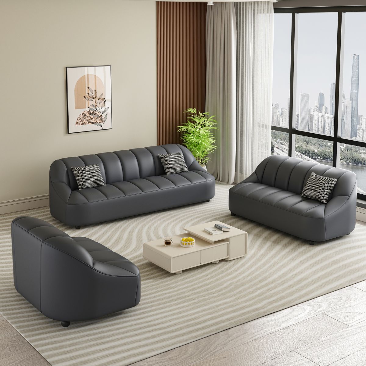 Loveseat/Single Sofa in Midnight Black/Amber Color/Off-White Pu Leather with 1 Pillow