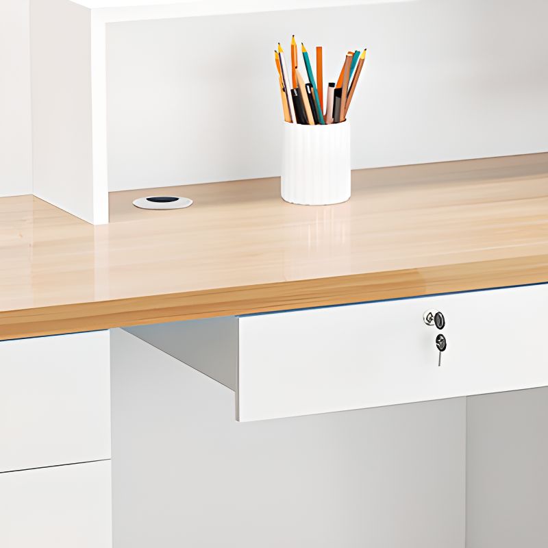 Reception Desk with 1 Cabinet, Hutch, Keyboard Tray, Cable Management, Filing Cabinet, Manufactured Wood Top, and 1 Drawer Pedestal