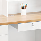 Reception Desk with 1 Cabinet, Hutch, Keyboard Tray, Cable Management, Filing Cabinet, Manufactured Wood Top, and 1 Drawer Pedestal