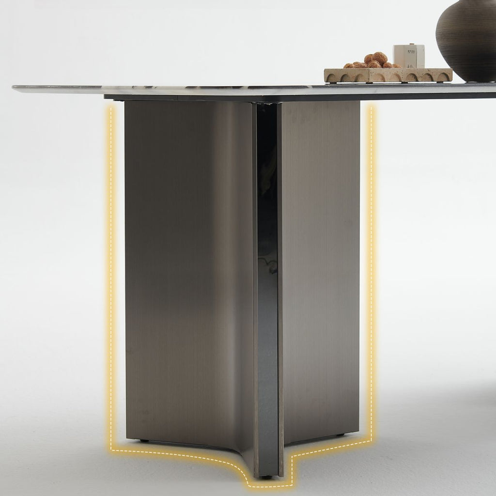 Natural Marble Dining Table in Modern Simple Style with Stainless Steel Base, Fixed Table, Glossy Black Top, 6-person Seating, Scratch Resistant, Mixed-material Design