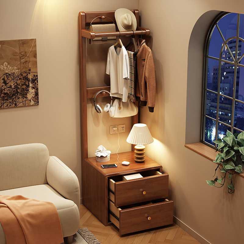 Contemporary Natural Wood Coat Rack with Receptacle, 2 Drawers, Wood Bench, and Wood Hook