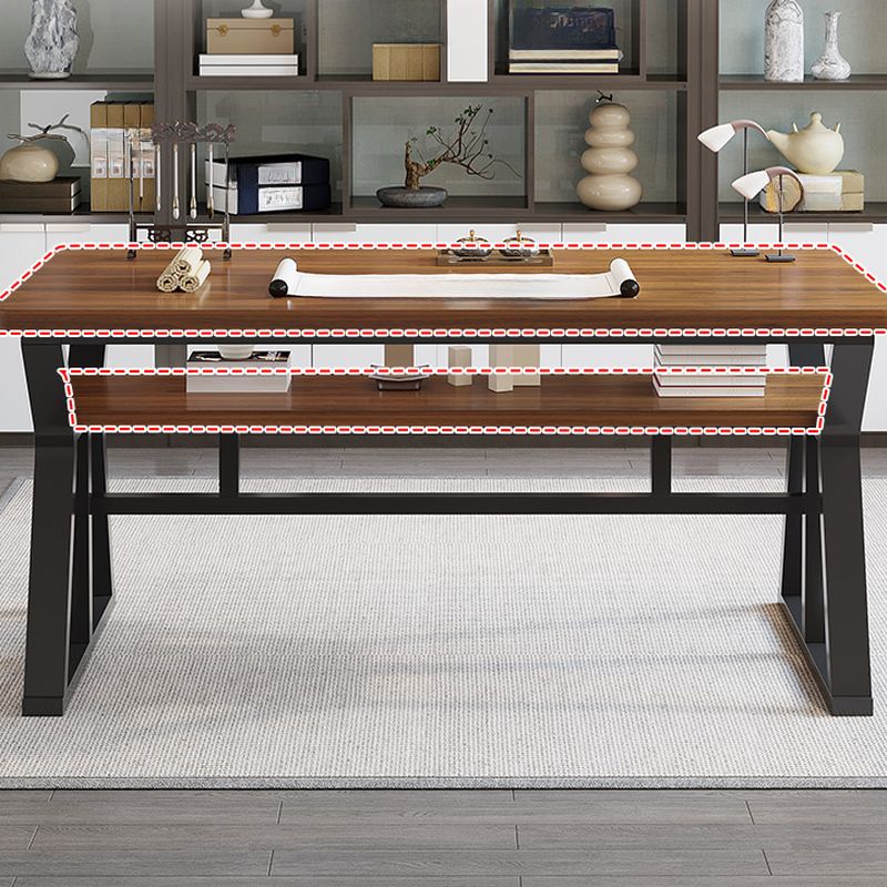 Casual Writing Desk with Storage, Scratch-proof Trestle Base, Exterior Shelf, and Ink/Dove Grey/Chalk Lumber Top