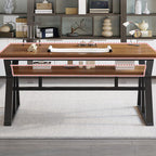 Casual Writing Desk with Storage, Scratch-proof Trestle Base, Exterior Shelf, and Ink/Dove Grey/Chalk Lumber Top