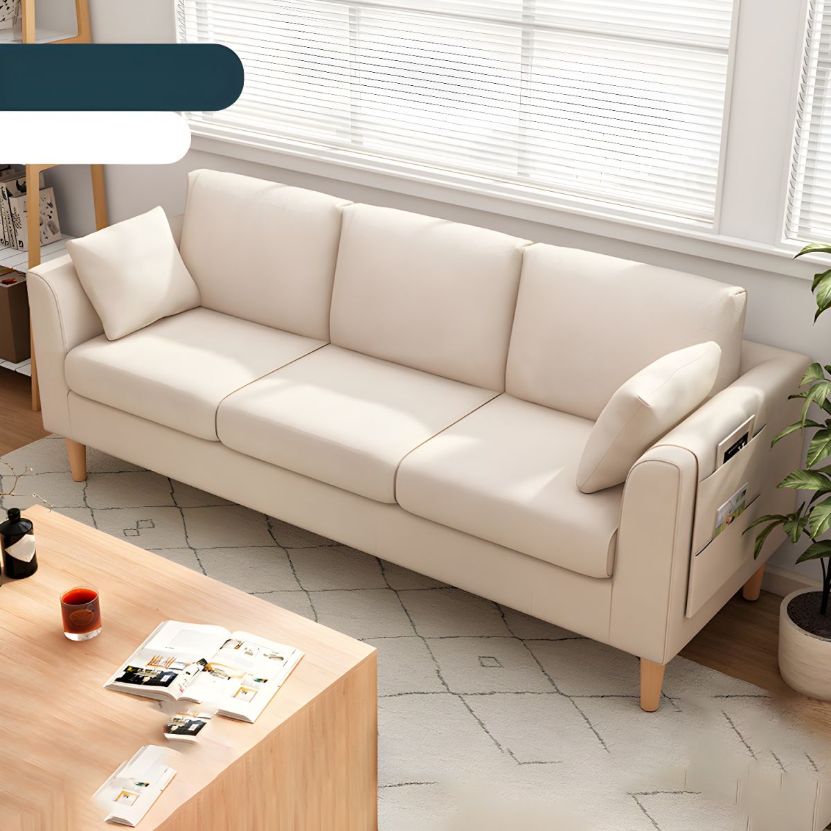 Scandinavian 3 Seater Sofa with Pillows Back and Tuxedo Arm and Solid Wood Legs