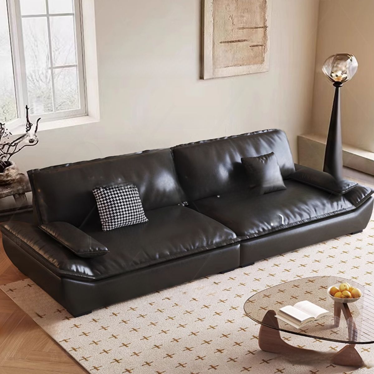 Contemporary Modern Scratch-durable Standard Sofa in Midnight Black for Drawing Room, Seats 4/3/2-seater with 2 Pillows, Solid Color Pattern