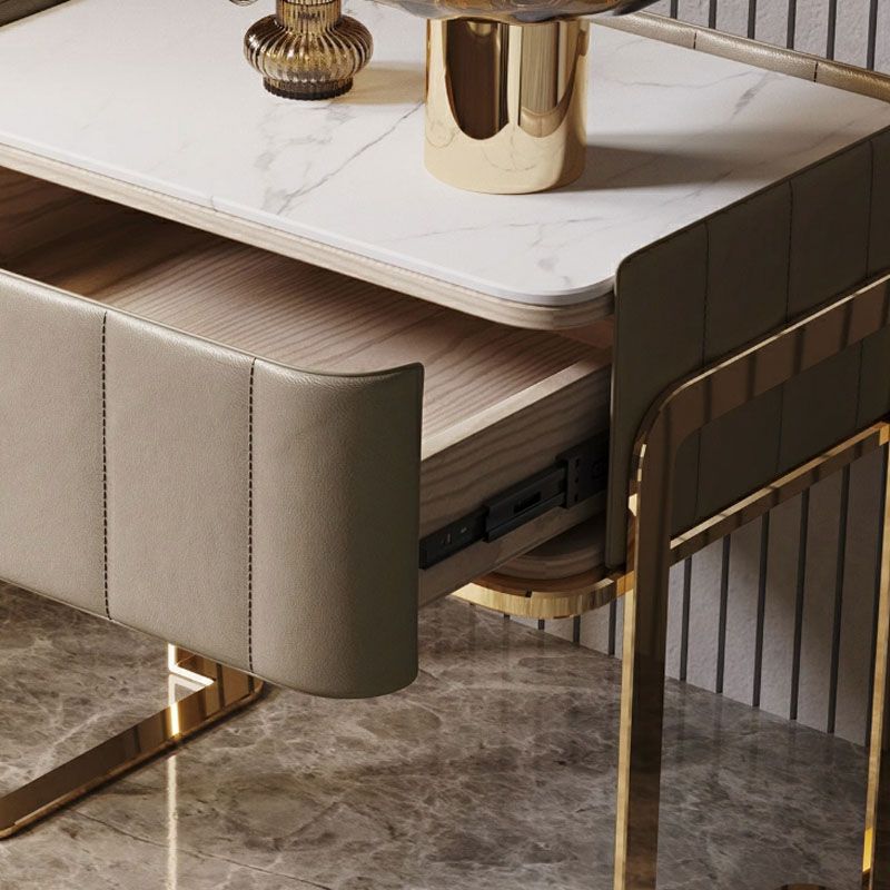 Modern Style Faux Leather Nightstand with Drawer Storage and Metal Base