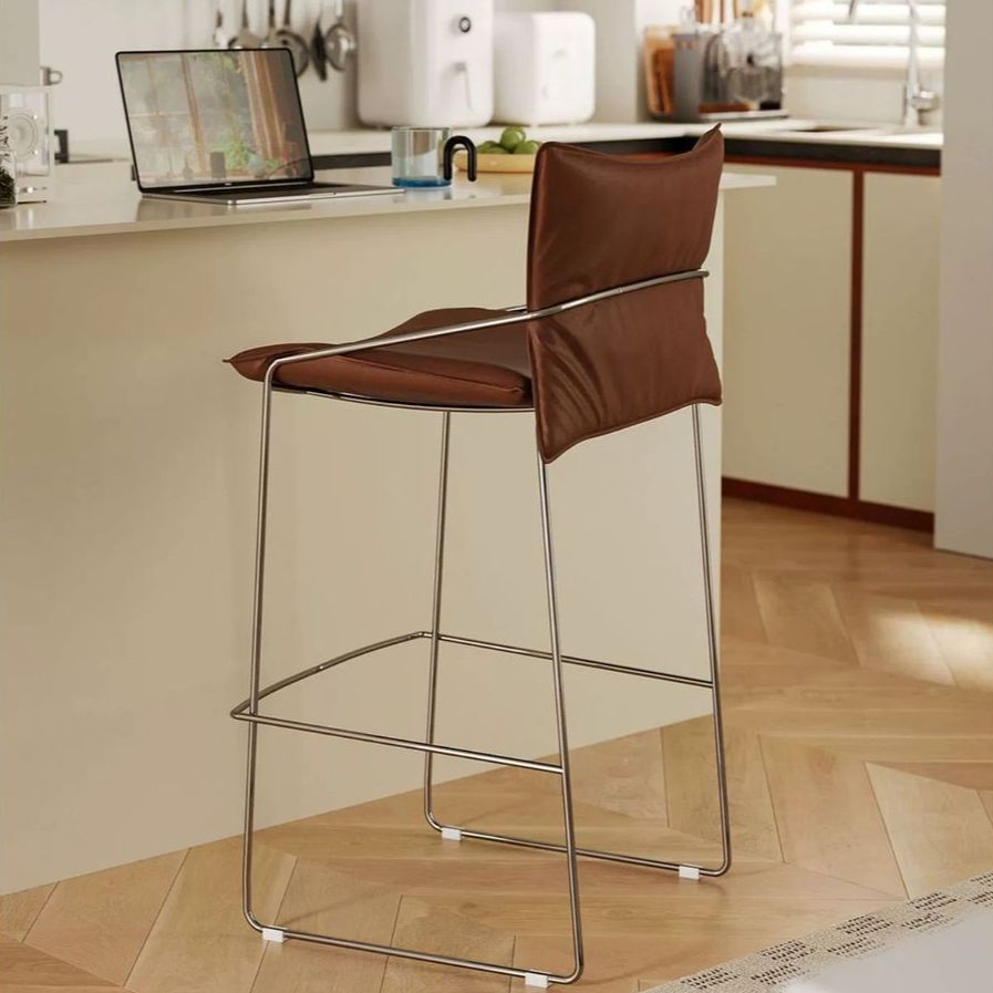 Casual Rawhide Bar Stools in Midnight Black/Navy Blue/Cognac with Back and Rectangle Seat Featuring Leg Rest