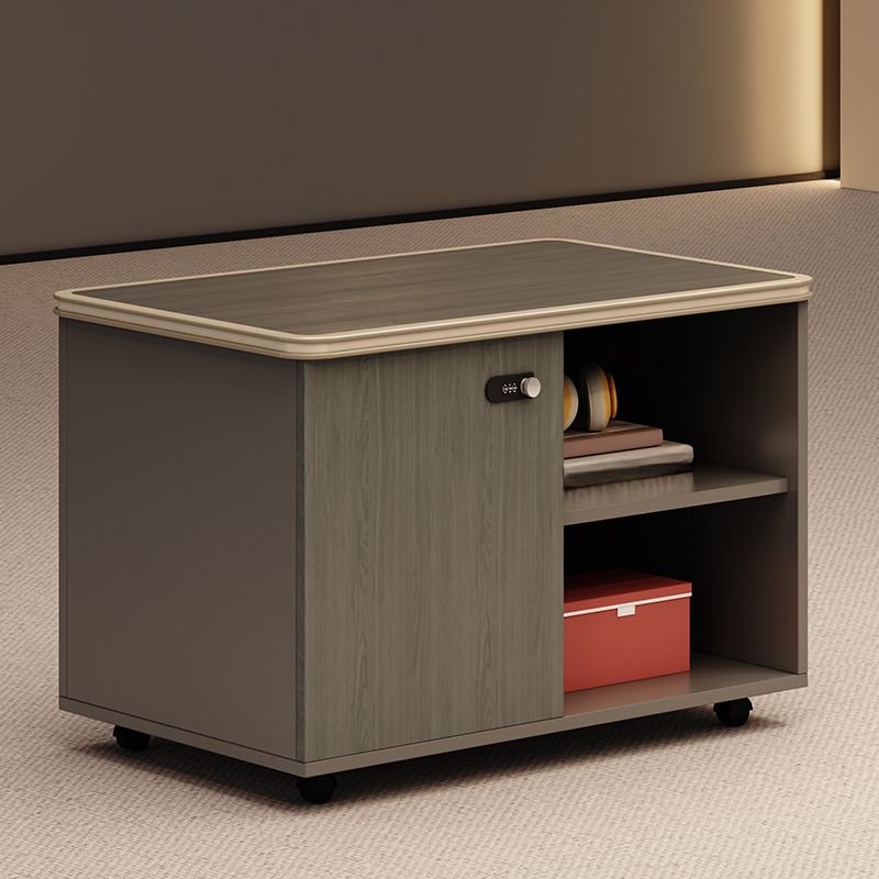 Art Deco Manufactured Wood Base Cabinet with Roller Wheels, Shelves, and Locking Door, 2-Wide/3-Wide Compartments