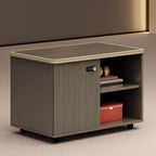 Art Deco Manufactured Wood Base Cabinet with Roller Wheels, Shelves, and Locking Door, 2-Wide/3-Wide Compartments