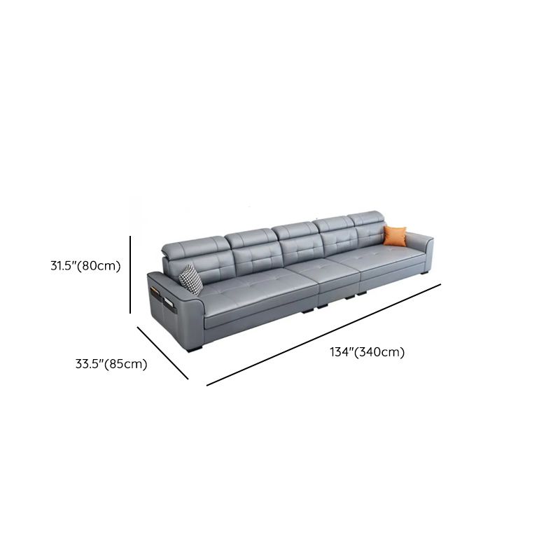 Modish Solid Color Stain Resistant Standard Sofa in Light Gray, Seats 5/4/3 with Receptacle and 2 Pillows