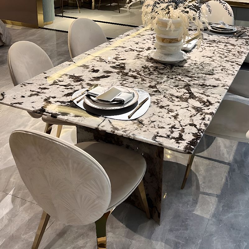 Natural Marble Dining Table in Modern Simple Style with Stainless Steel Base, Fixed Table, Chalk Top, 6-person Seating, Scratch Resistant, Mixed-material Design