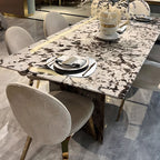 Natural Marble Dining Table in Modern Simple Style with Stainless Steel Base, Fixed Table, Chalk Top, 6-person Seating, Scratch Resistant, Mixed-material Design
