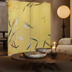 Lemon Color Opaque Fold-up Screen Divider with Natural Wood Frame, 4 Panels, Double Sided Print, and Independent Design