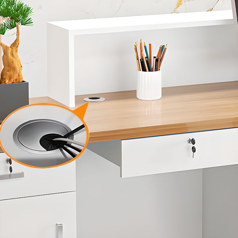 Reception Desk with 1 Cabinet, Hutch, Keyboard Tray, Cable Management, Filing Cabinet, Manufactured Wood Top, and 1 Drawer Pedestal