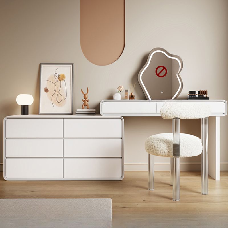 Modish Large Vanity Set with Reclaimed Wood Table Top, White Chair, and 8 Drawers/5 Drawers