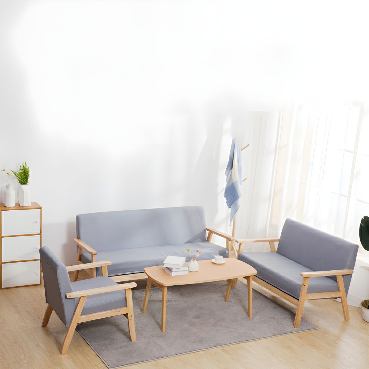 Modern Wood Frame Cotton and Linen Sofa with Foam Seat in Natural Wood Legs and Tight Back Design
