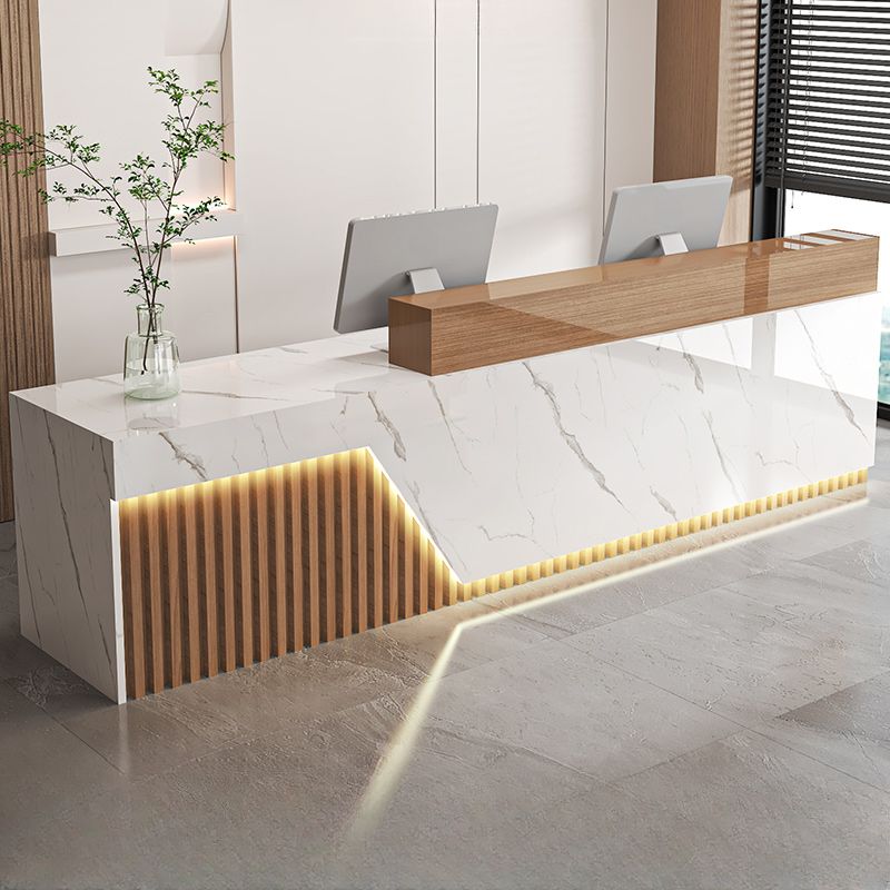 Rectangular Reception Desk with Locker, Hutch, Keyboard Tray, Cable Management, and Filing Cabinet in Manufactured Wood Top