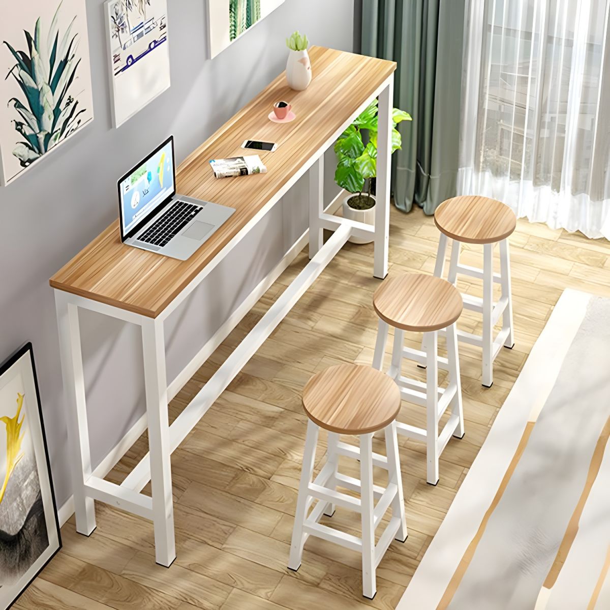 Rectangle Bar Table Set 1/4 Pieces Natural Colour Wood Counter Table