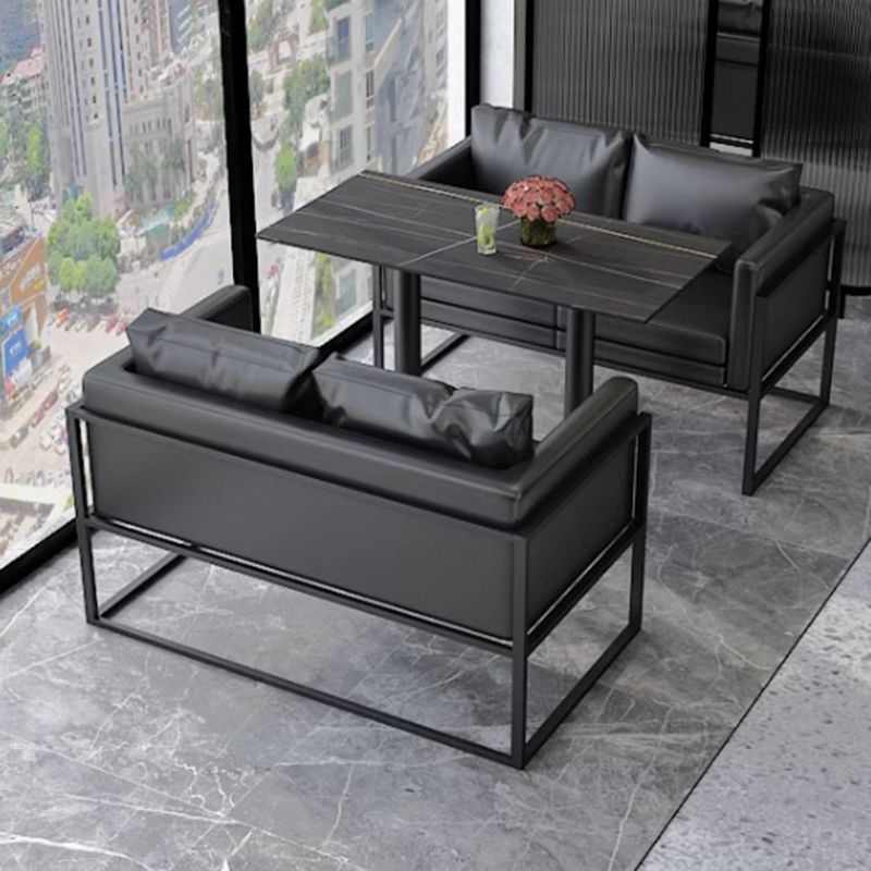 Modern Black Leather Sofa with Metal Frame and Shallow Seat Width
