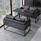 Modern Black Leather Sofa with Metal Frame and Shallow Seat Width