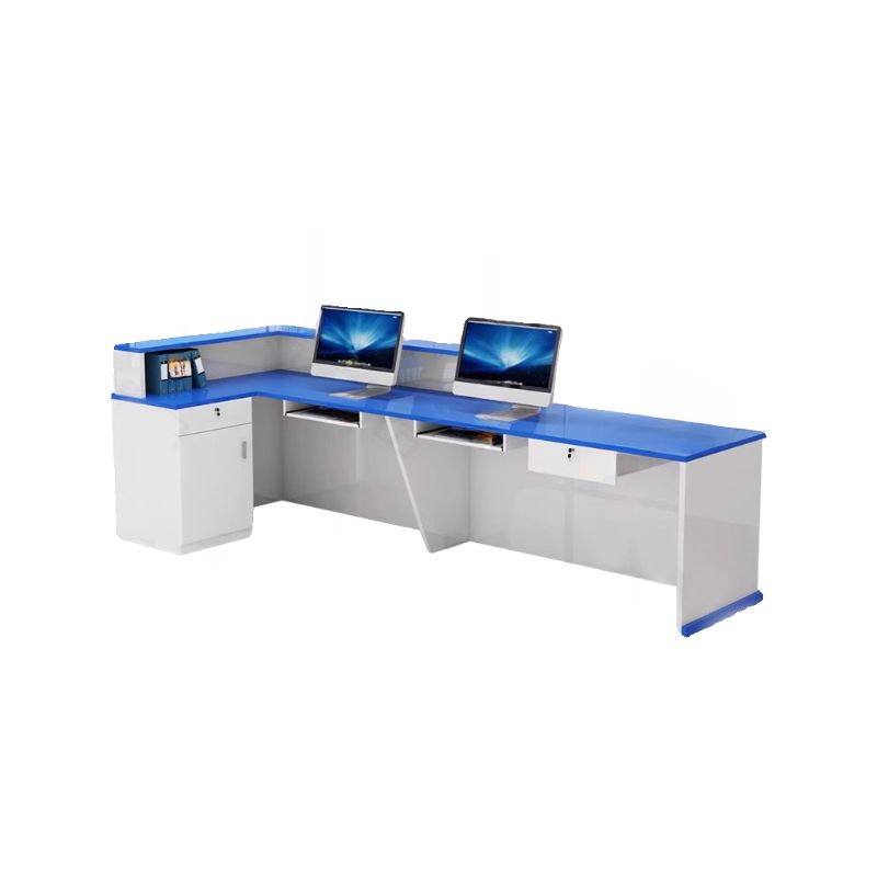 Moisture-proof L-Shape Reception Desk with Cabinet, Unfinished Back, 2 Drawers and Filing Cabinet, Desk Return & 1 Cabinet Included